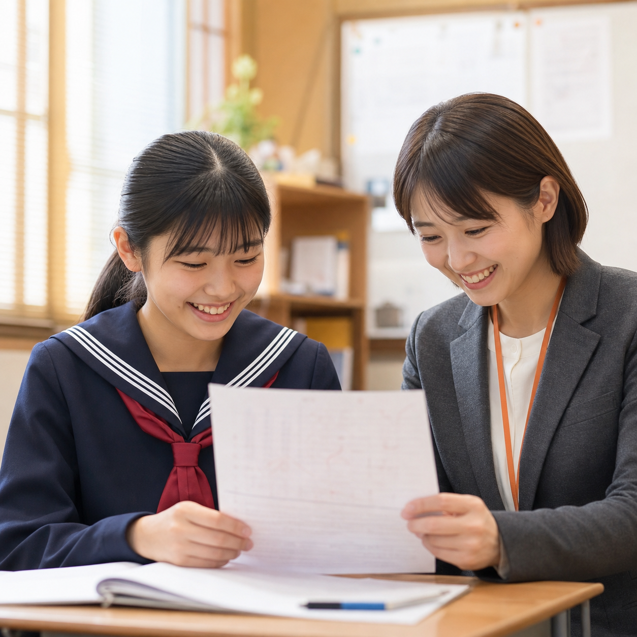 先生と成績表を確認する中学生