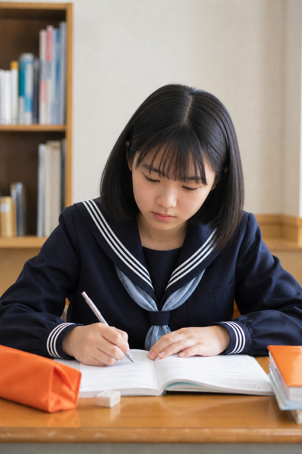 真剣に問題集へ取り組む中学生