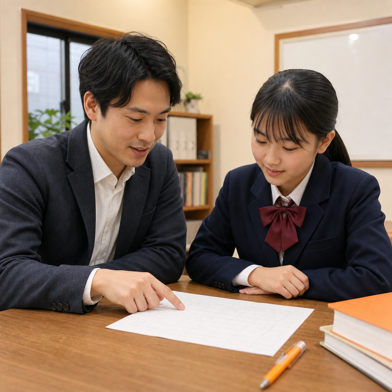 先生と学習計画を立てる中学生